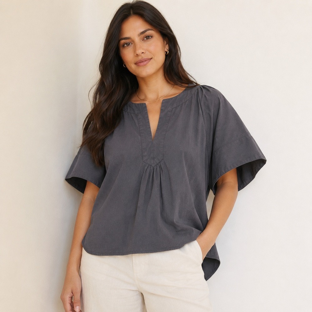Pomander Place Flutter Sleeve Split Neck Womens Navy M High Low Blouse